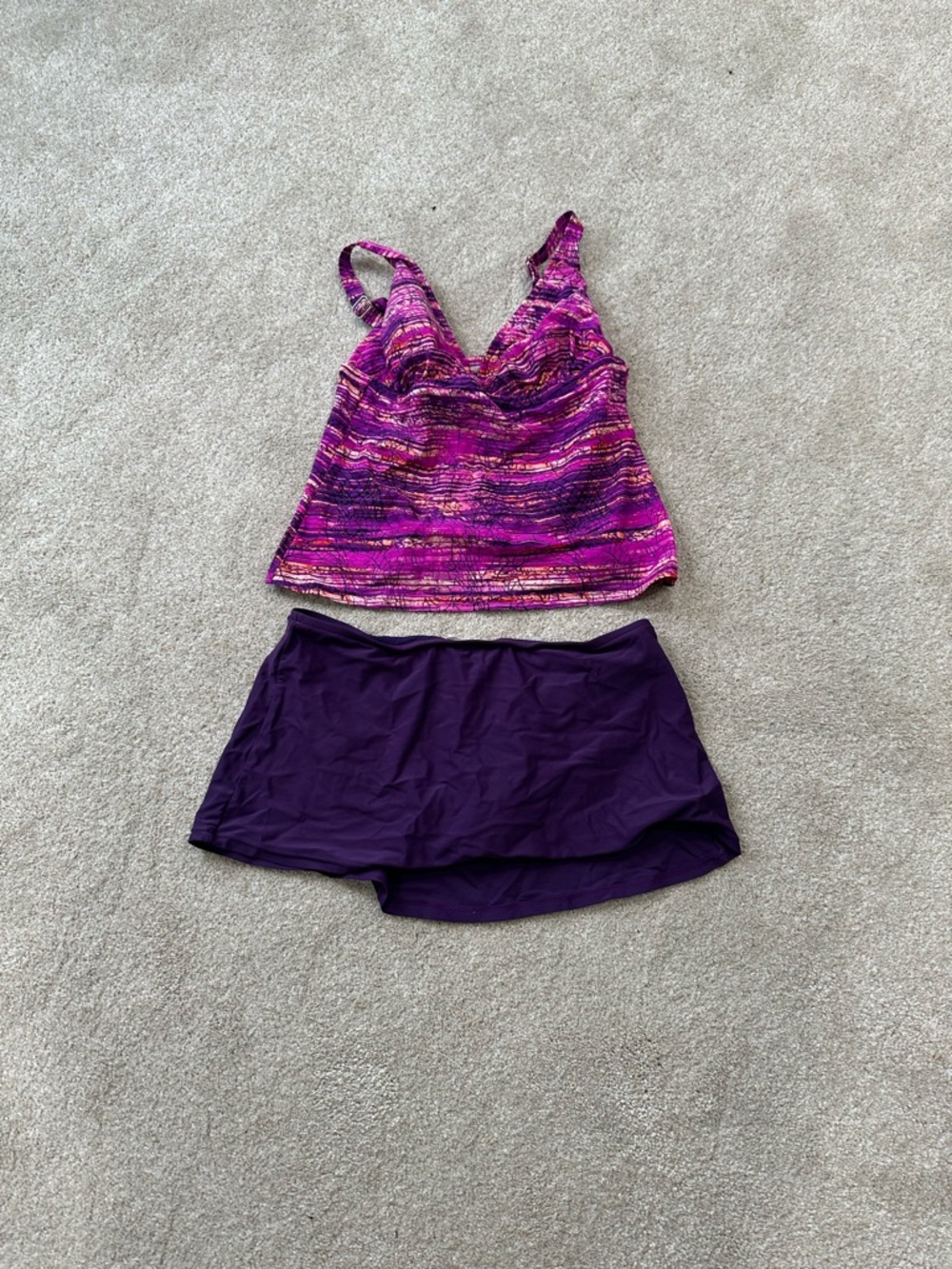 Purple Patterned Tankini Top with Deep Purple Swim Skirt